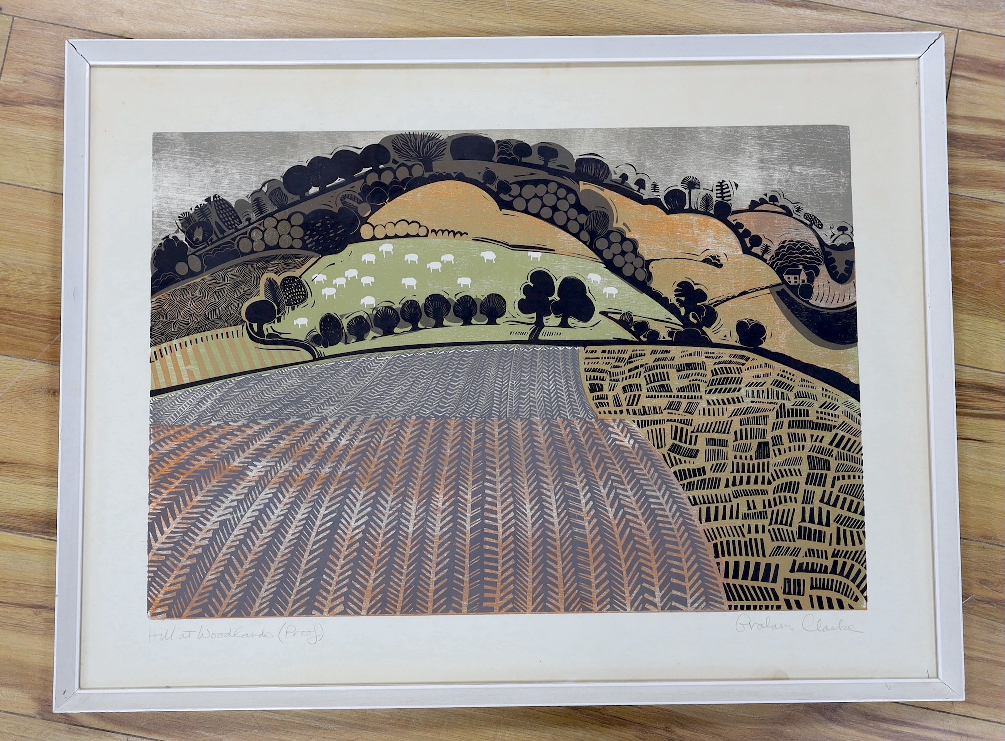 Graham Clarke (b.1941), woodcut, 'Hill at Woodlands', signed in pencil and inscribed 'proof', overall 58 x 78cm